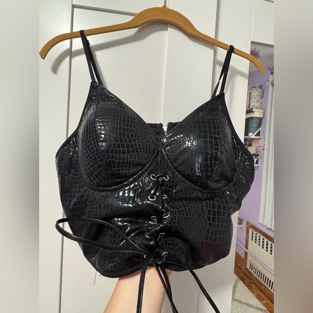 Black Croc-Embossed Lace-Up Top